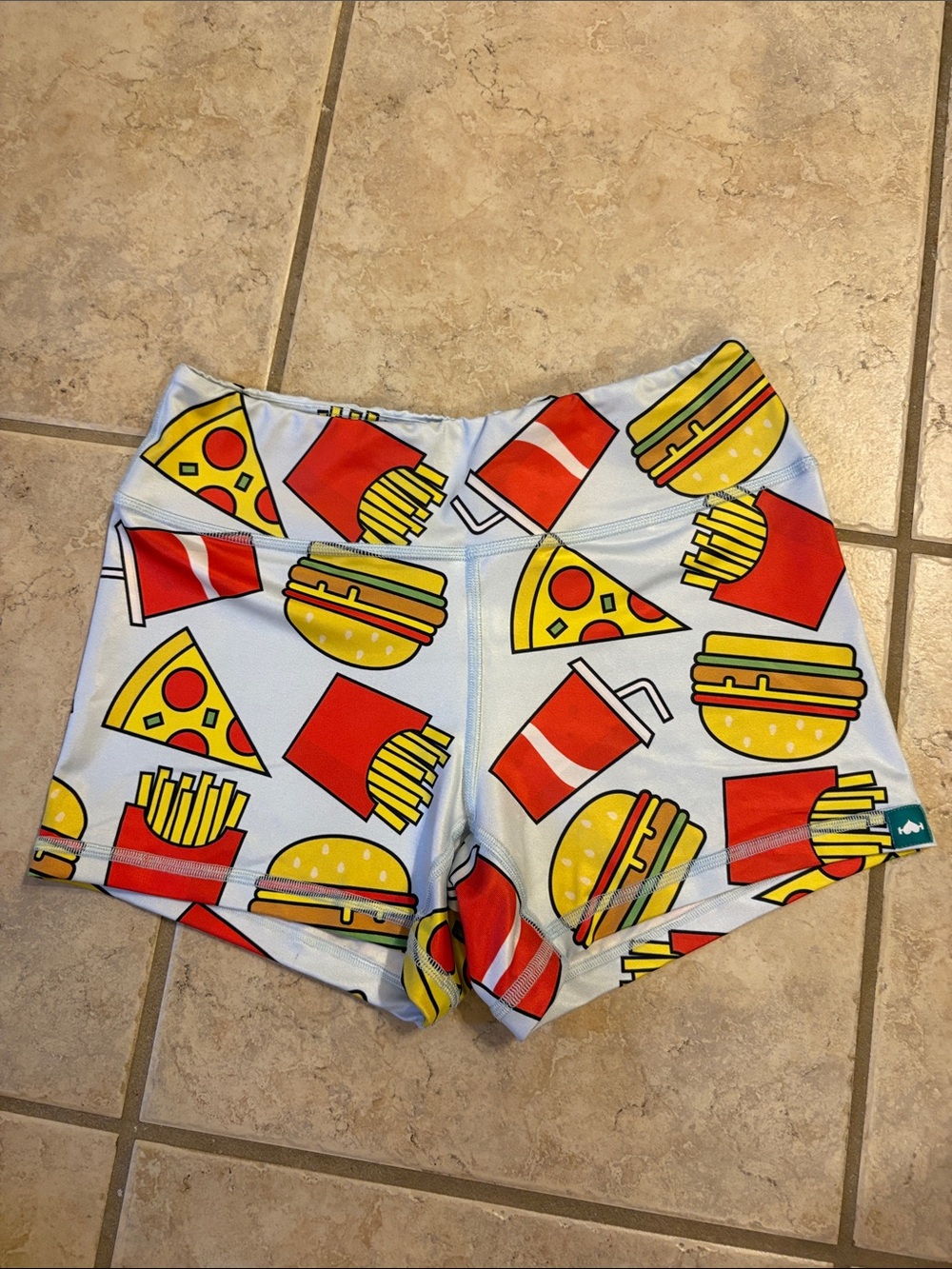 Food Print High-Rise Bike Shorts in White with Yellow & Red Accents